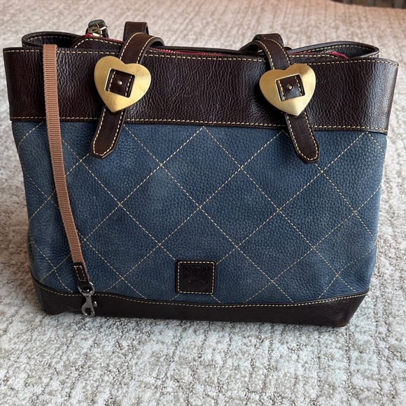 Dooney and Bourke Denim Color & Brown Leather Quilted Bag with Heart Accents - Picture 2 of 16